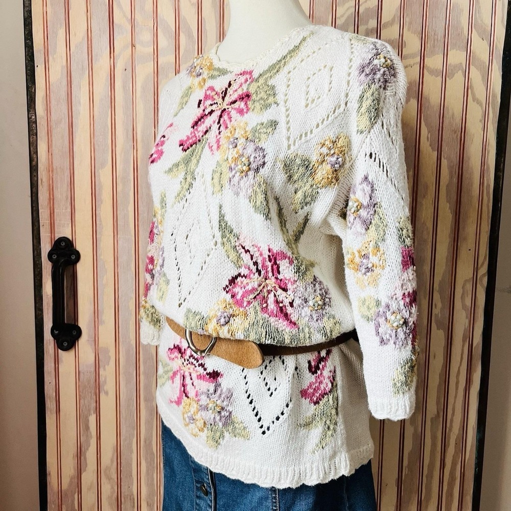 Marisa Christina Floral Hand Knit Sweater Petite PM Cottagecore Granny Vintage
